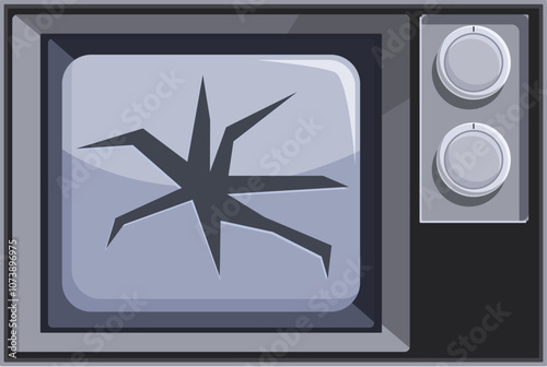 Old broken tv set with large cracks on the screen, symbolizing damage, malfunction, or obsolescence