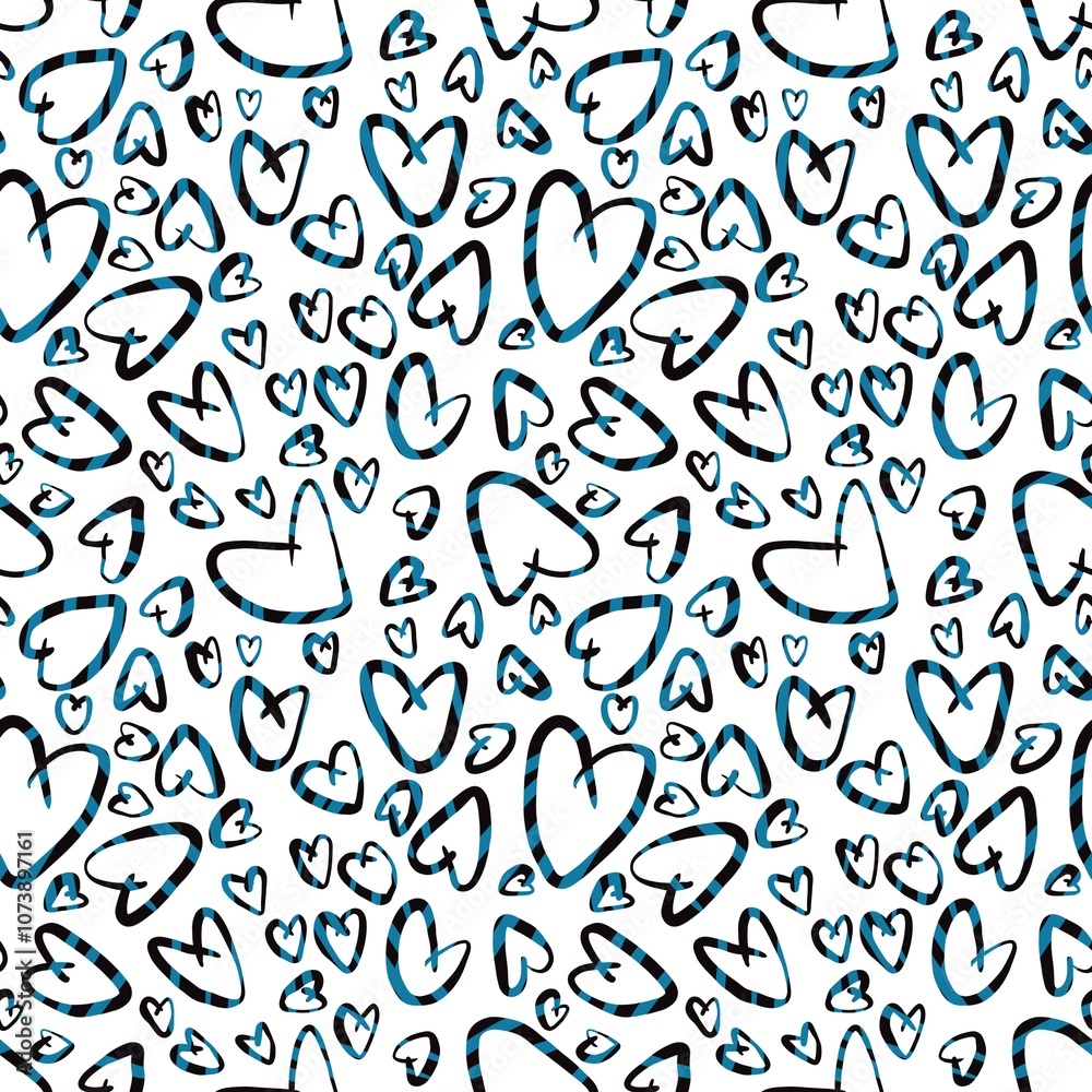 Seamless abstract geometric pattern. Simple background in blue, black, white colors. Hearts. Digital texture. Illustration. Design for textile fabrics, wrapping paper, background, wallpaper, cover.