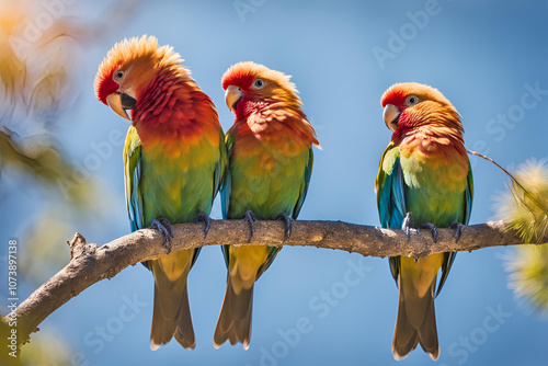 Vibrant Lovebirds Perched on a Branch in Sunlight, Three colorful lovebirds perched on a branch, basking in warm sunlight under a clear blue sky