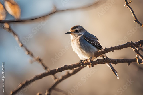 Small Bird Perched on a Branch in Soft Natural Light, A delicate small bird resting on a branch, captured in warm, soft natural lighting with a blurred background