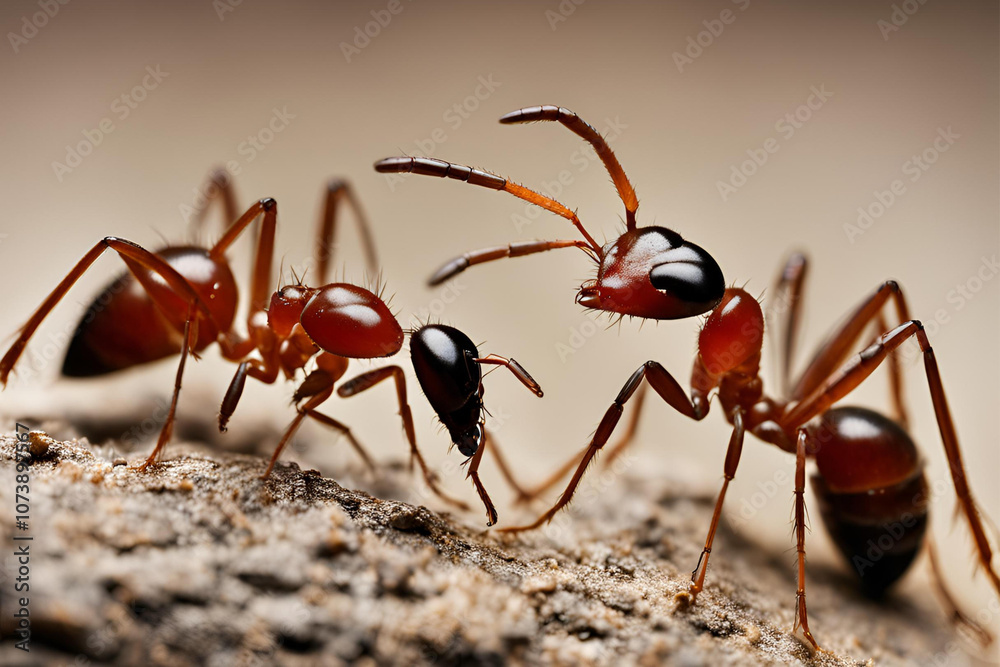 Macro Shot of Ants Communicating on a Natural Surface, Detailed macro photograph of ants interacting on a textured surface, showcasing their intricate features and behavior Macro Shot of Ants Communicating on a Natural Surface, Detailed macro photograph of ants interacting on a textured surface, showcasing their intricate features and behavior