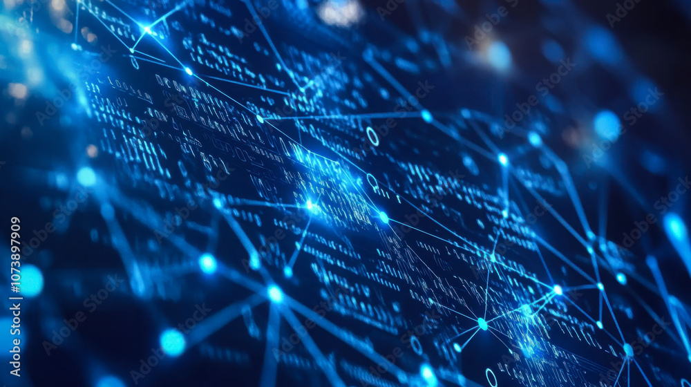 Digital network connections with glowing blue nodes and lines, symbolizing data transmission in a tech-savvy environment Digital network connections with glowing blue nodes and lines, symbolizing data transmission in a tech-savvy environment
