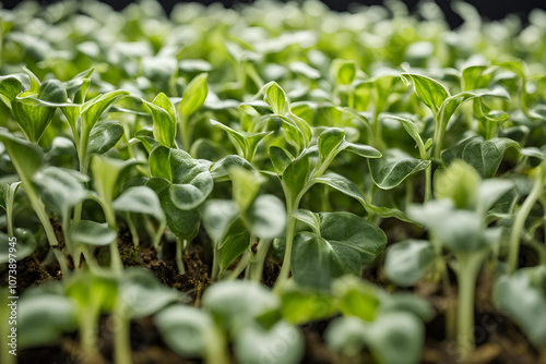 Close-Up of Fresh Green Sprouts Against Minimalist Background, A macro photograph of fresh green sprouts with tender leaves, captured against a soft gradient background