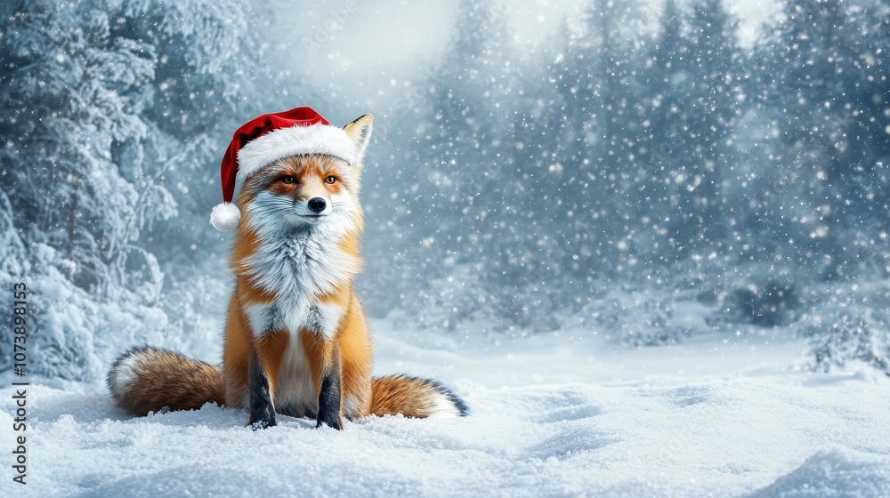 Fox in santa hat on snowy christmas forest background
Fox in santa hat on snowy christmas forest background