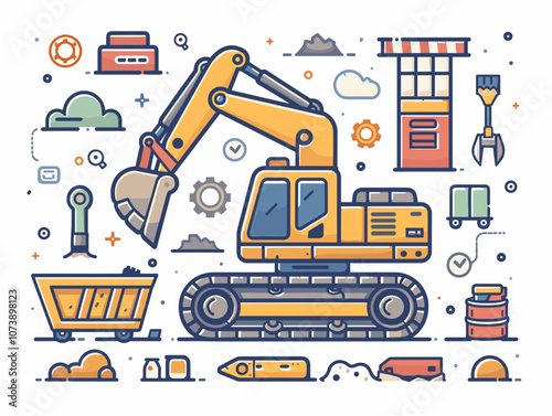 Cartoon drawing of a yellow excavator with a bunch of other construction equipment. The drawing is colorful and playful, with a sense of motion and energy