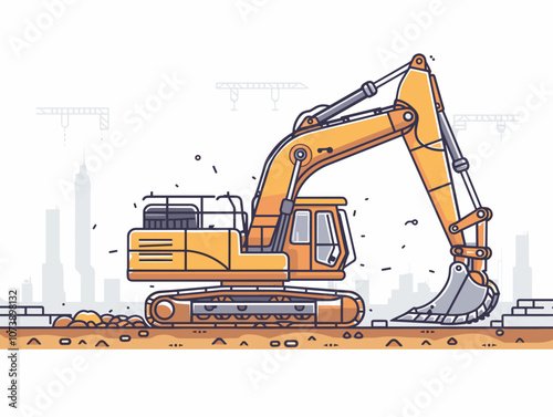 Large orange excavator is digging into the ground in front of a city skyline. Concept of progress and development, as the construction equipment is being used to build or improve the urban landscape