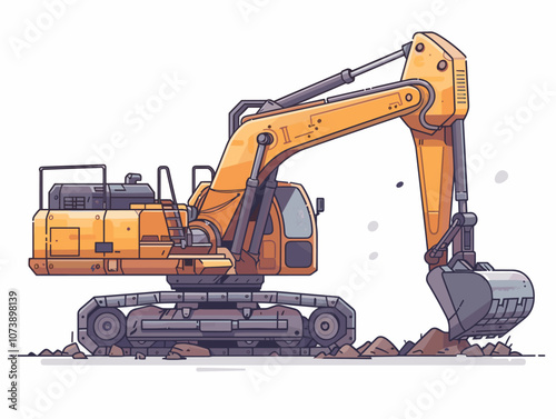 Yellow construction machine is digging into the ground. The machine is large and powerful, and it is clear that it is being used for a heavy-duty task. Concept of strength and determination