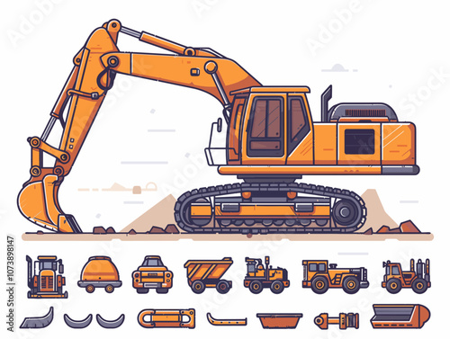 Cartoon drawing of a construction site with a large orange excavator. The drawing also includes several other vehicles, such as dump trucks and bulldozers. Scene is that of a busy construction site