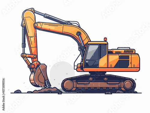 Large orange construction vehicle with a large scoop on the front. The vehicle is in the process of digging a hole