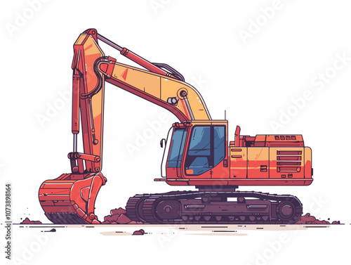 Large orange excavator is parked on a dirt road. The machine is ready to be used for digging and other heavy-duty tasks