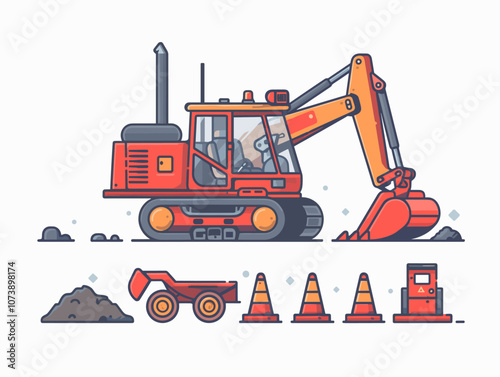 Red construction vehicle with a man in the driver's seat. The vehicle is surrounded by orange cones and rocks