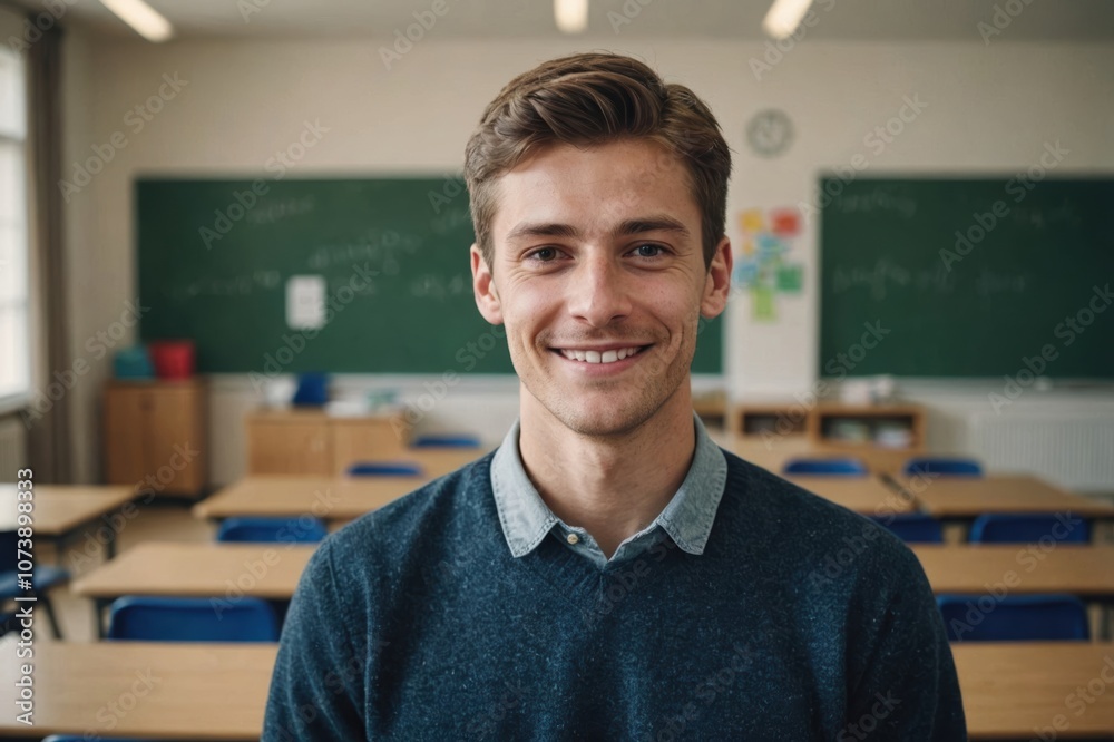 Fototapeta premium Close portrait of a smiling young Slovenian male elegant primary school teacher standing and looking at the camera, indoors almost empty classroom blurred background