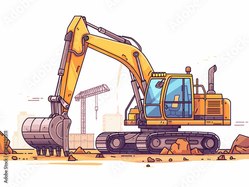 Yellow construction vehicle is digging into the ground. The scene is set in a city, with buildings in the background. Scene is one of hard work and progress