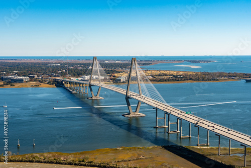 View from a helicopter of the Ravenel Bridge in Charleston, South Carolina  photo