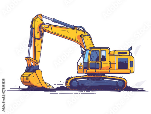 Yellow construction vehicle with a large orange bucket on the front. The vehicle is parked on a white background