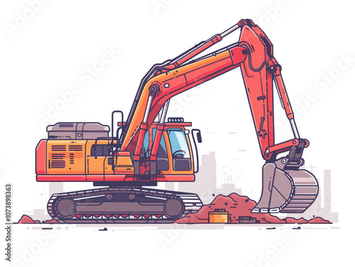 Red and orange construction machine is digging into the ground. The machine is large and powerful, and it is surrounded by dirt and debris. Concept of hard work and determination