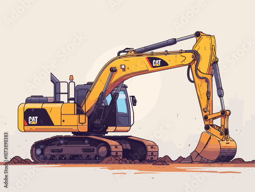 Yellow Caterpillar excavator is digging into the ground. The machine is large and powerful, and it is surrounded by dirt. Concept of hard work and determination