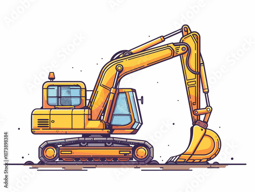 Yellow excavator is shown in a white background. The excavator is a large piece of machinery used for digging and moving earth