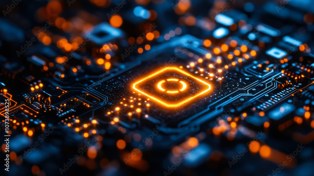 Obraz premium Abstract digital security symbol glowing on a circuit board with blue and orange lights in a technology-themed environment