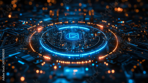 Abstract digital security symbol glowing on a circuit board with blue and orange lights in a technology-themed environment
