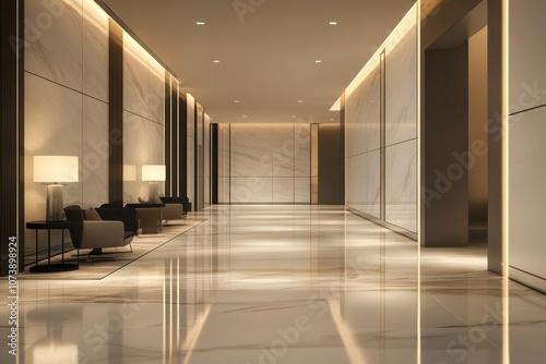 A minimalist commercial lobby corridor with marble flooring, contemporary lighting, and sleek, modern furnishings, creating an elegant entryway. photo