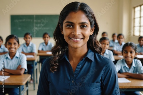 Close portrait of a smiling young Sri Lankan female elegant primary school teacher standing and looking at the camera, indoors almost empty classroom blurred background