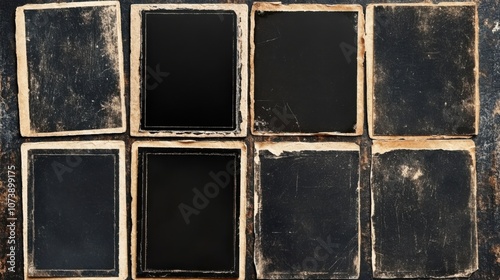 Old worn black cards arranged in a grid pattern