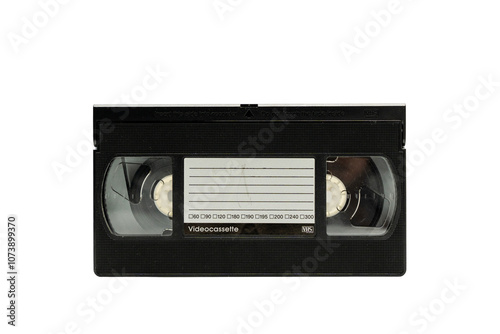 Black VHS cassette with white label. Video Cassette on a white background.