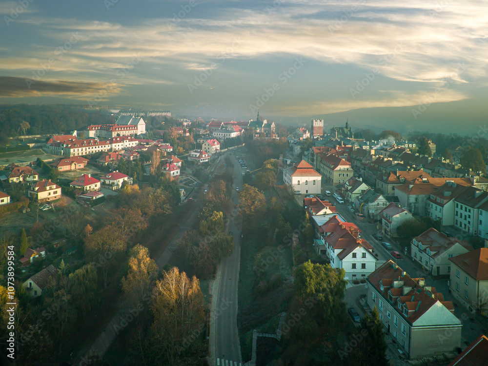 The city of Sandomierz with its churches, town hall and castle shown from above.