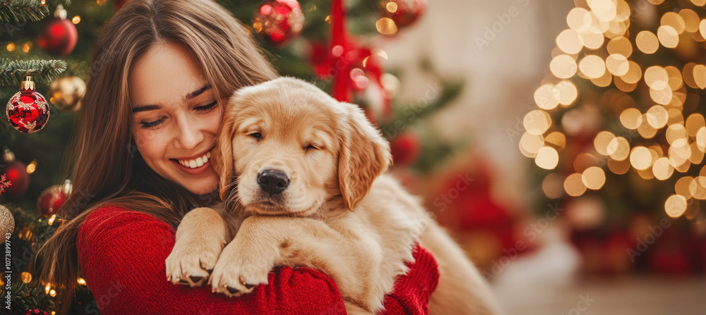 Woman hugging golden retriever puppy near christmas tree Woman hugging golden retriever puppy near christmas tree