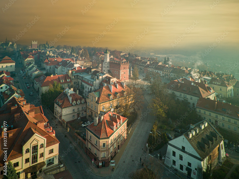 The city of Sandomierz with its churches, town hall and castle shown from above.