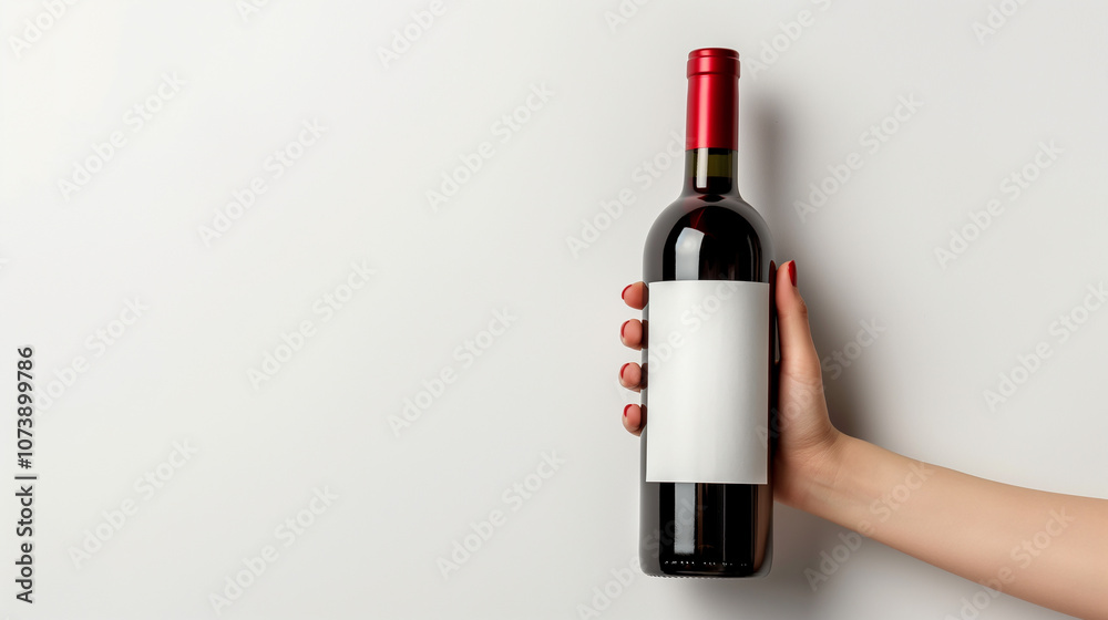 Female hand holding a red wine bottle on white background. Mockup, space for text. Generative AI Female hand holding a red wine bottle on white background. Mockup, space for text. Generative AI