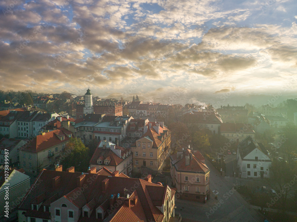 The city of Sandomierz with its churches, town hall and castle shown from above.