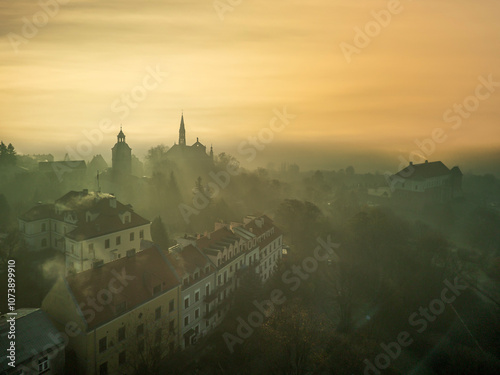 The city of Sandomierz with its churches, town hall and castle shown from above. photo