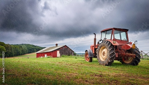 Red tractor parked in green field during rainstorm near red barn