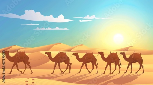 Camel Caravan Traveling Through Desert Landscape at Sunset