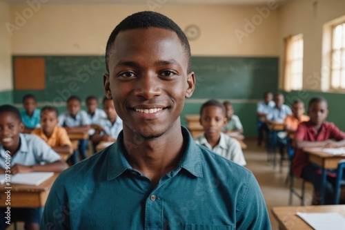 Close portrait of a smiling young Tanzanian male elegant primary school teacher standing and looking at the camera, indoors almost empty classroom blurred background