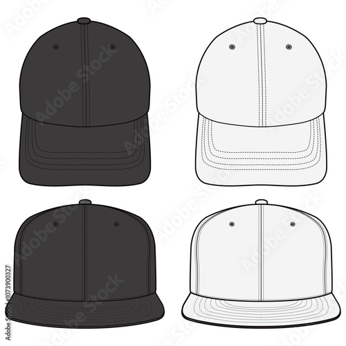 Baseball and Snapback Cap Front View Technical Template for Fashion Design

