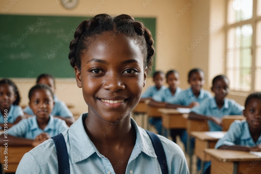 Close portrait of a smiling young Togolese female elegant primary school teacher standing and looking at the camera, indoors almost empty classroom blurred background Close portrait of a smiling young Togolese female elegant primary school teacher standing and looking at the camera, indoors almost empty classroom blurred background