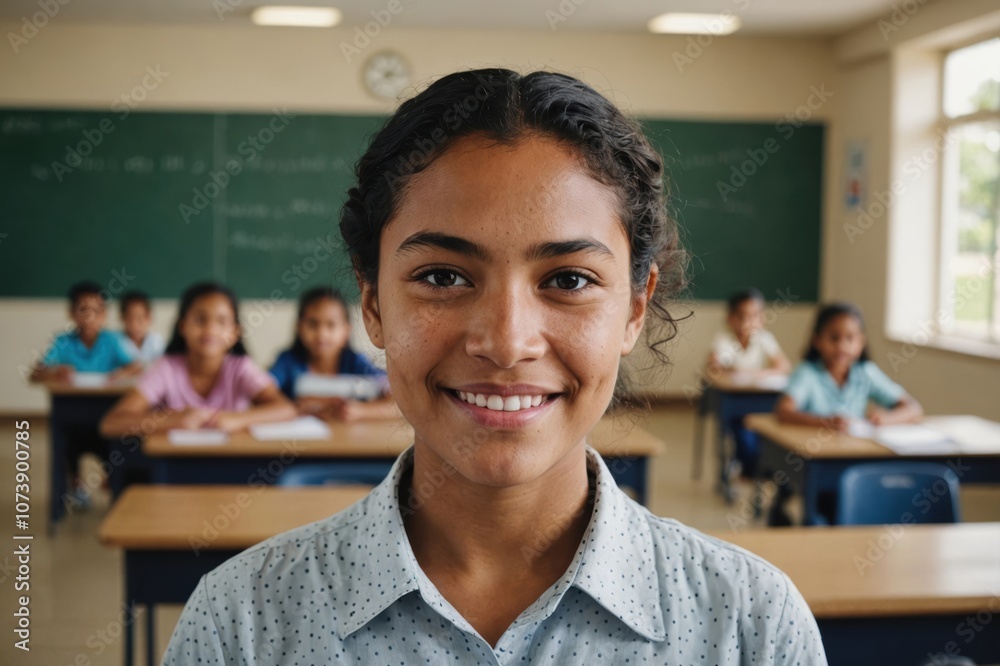 Close portrait of a smiling young Tongan female elegant primary school teacher standing and looking at the camera, indoors almost empty classroom blurred background Close portrait of a smiling young Tongan female elegant primary school teacher standing and looking at the camera, indoors almost empty classroom blurred background