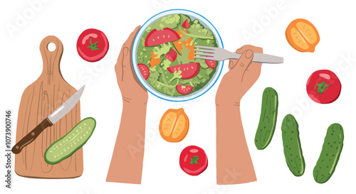 Cook Hands Preparing Vegetable Salad with Cucumber, Tomatoes, Citrus. Vector Food Ingredients