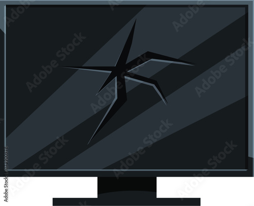 Broken computer screen with visible cracks on dark background, suggesting damage and malfunction