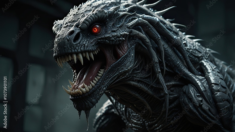 The fierce creature displays sharp teeth and intricate scales exuding an intimidating presence in a shadowy atmospheric setting The fierce creature displays sharp teeth and intricate scales exuding an intimidating presence in a shadowy atmospheric setting