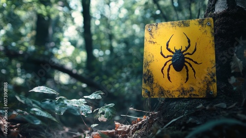 Infected ticks warning sign in forest composition background
 photo