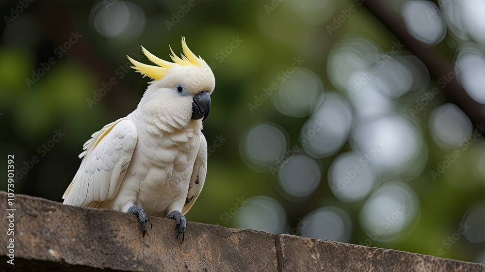 The white cockatoo stands proudly on a branch showcasing its vibrant yellow crest against a backdrop of blurred greenery on a sunny day The white cockatoo stands proudly on a branch showcasing its vibrant yellow crest against a backdrop of blurred greenery on a sunny day