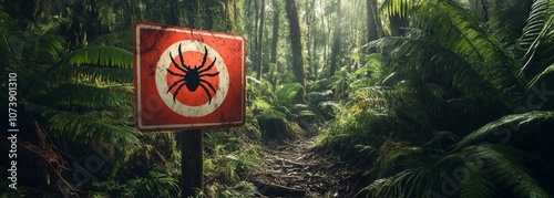 Infected ticks warning sign in forest composition background
 photo