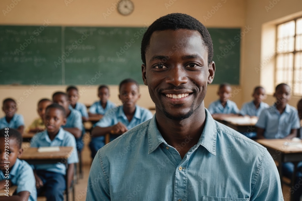 Close portrait of a smiling young Ugandan male elegant primary school teacher standing and looking at the camera, indoors almost empty classroom blurred background Close portrait of a smiling young Ugandan male elegant primary school teacher standing and looking at the camera, indoors almost empty classroom blurred background