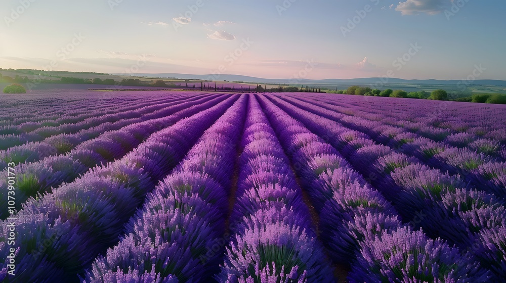 Lavender field at sunset with purple rows stretching into the distance. Natural scenic landscape Lavender field at sunset with purple rows stretching into the distance. Natural scenic landscape