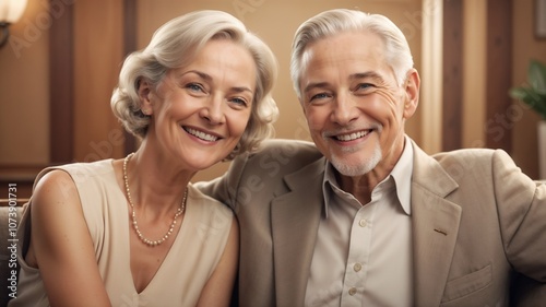 Pleased senior couple smiling together in a cozy indoor setting