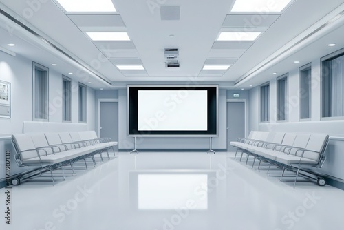 A hospital conference room with a large screen and minimalist seating, clean, organized, and brightly lit for professional meetings.
